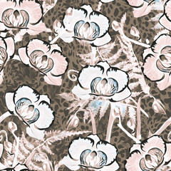 Abstract orchid flowers seamless pattern, floral art.