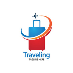Travel logo, holidays, tourism, business trip company logo design. bag vector with airplane