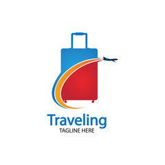 Fototapeta premium Travel logo, holidays, tourism, business trip company logo design. bag vector with airplane
