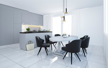 3d rendering scandinavian vintage modern minimal kitchen with white dining area