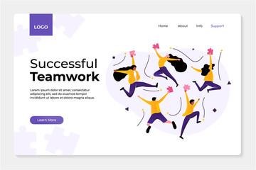 successful teamwork people concept with puzzle illustration. they are happy, jumpng and celebrate. perfect for greeting, landing page. vector graphic ediable template
