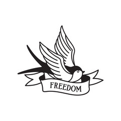 Swallow tattoo with wording freedom. Traditional tattoo swallow old school tattooing style ink.