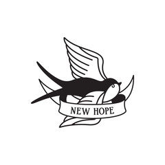 Swallow tattoo with wording new hope. Traditional tattoo swallow old school tattooing style ink.