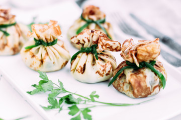 Pancakes with mushroom filling with sour cream