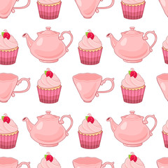 Vector raspberry cupcak and tea pot pattern