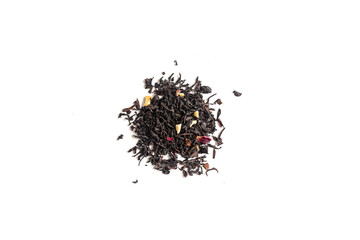 different sorts of black or green tea in bulk  on a white background close-up isolated