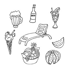 Hand drawn set of summer beach vacation’s symbols: beach bed, beer, ice cream, fruits. Snacks and drinks. Doodle style in black ink on white background. Vector illustration.