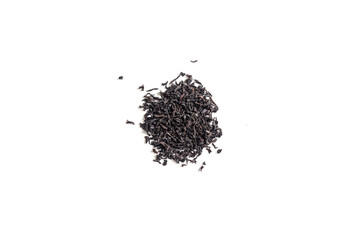 different sorts of black or green tea in bulk  on a white background close-up isolated