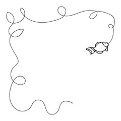 Curly border frame. Long curved line with fish. Square social media format frame. Hand drawn vector illustration in black ink isolated on white background. Doodle style.