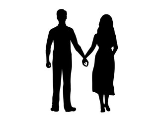 Silhouettes heart of lovers man and woman holding hands