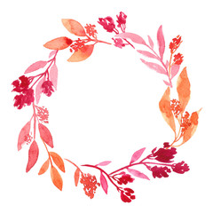 Wreath of colorful pink and orange watercolor foliage. Hand painted floral arranging