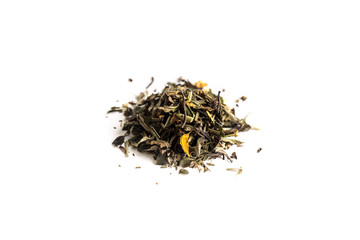 different sorts of black or green tea in bulk  on a white background close-up isolated