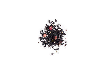 different sorts of black or green tea in bulk  on a white background close-up isolated
