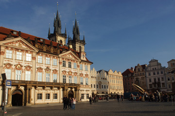 Fototapeta na wymiar Prague (Czech Republic). Domes of the Church of Týn.(Chrám Matky Boží před Týnem) in Old Town Square (Staroměstské náměstí) of the city of Prague