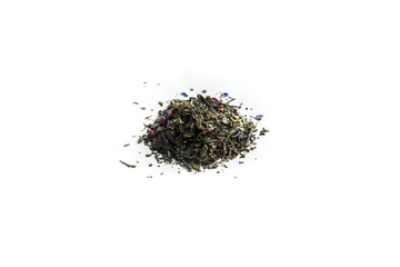 different sorts of black or green tea in bulk  on a white background close-up isolated