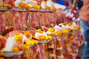 holy worship product selling in Indian street market Haridwar Rishikesh Uttarakhand 