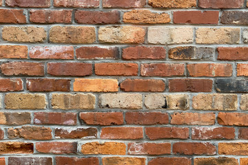 retro distressed aging red brick garden wall close-up