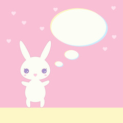 Vector cute white bunny in the style of Kawaii with hearts and speech bubble for your text