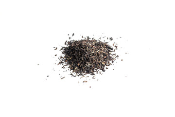 different sorts of black or green tea in bulk  on a white background close-up isolated