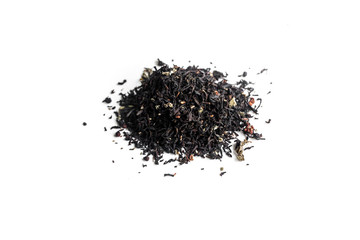 different sorts of black or green tea in bulk  on a white background close-up isolated
