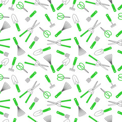 Garden tools, pruner, scissors, shovel, rake, garden fork, farming tools. Vector seamless pattern for garden centers, gardening, garden shop, printing on packaging, fabric, textile Decorative elements