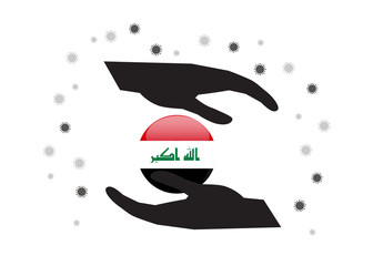 Hand holding iraq flag in cycle symbol, Protect iraqi people from coronavirus  or COVID-19 concept, Save iraq, sign symbol background, vactor illustration.