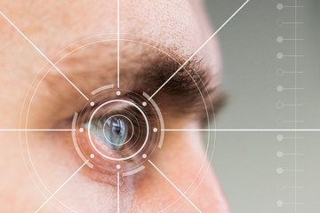 Eye monitoring and treatment in medical. Biometric scan of male eyes closeup.