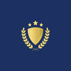 Gold Shield with laurel and star for logo design template in navy blue Background