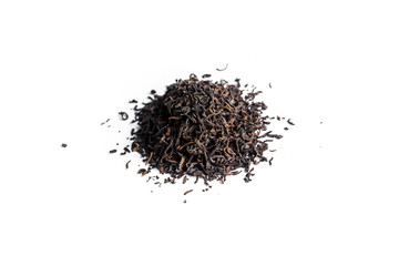 different sorts of black or green tea in bulk  on a white background close-up isolated