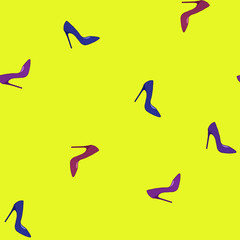 seamless shoe pattern. Glamour design element. High heeled violet shoes on yellow background for wrapping paper and sales packages. Fashion trendy illustration