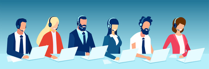 Vector of office employees men and women with headsets - obrazy, fototapety, plakaty