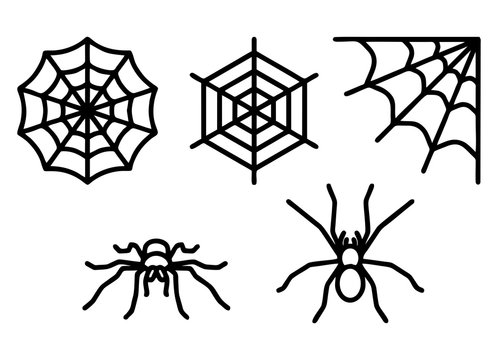 Spiders And Spider Web Set Icons Isolated On White Background. Vector Illustration