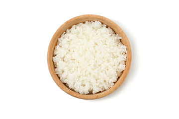 Fototapeta na wymiar Boiled rice in wooden bowl isolated on white background