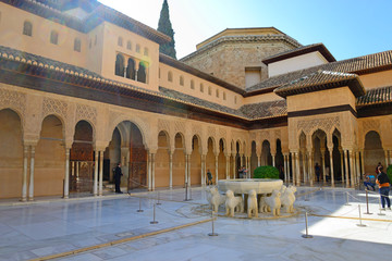 Granada, Spain - February 20, 2020: Courtyard of the Lions of the Alhambra in Granada, Spain.