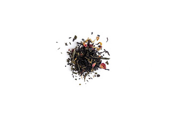 different sorts of black or green tea in bulk  on a white background close-up isolated