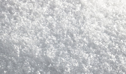 The texture of freshly fallen snow. Christmas template for design. Clearly visible individual snowflakes. Winter background.