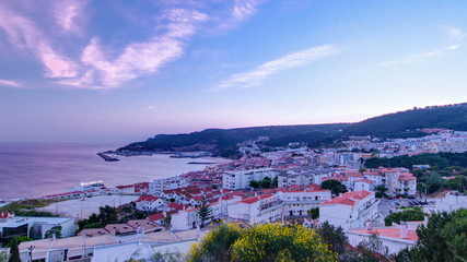 Fototapeta na wymiar Twilight after sunset in Sesimbra, Portugal timelapse