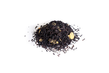 different sorts of black or green tea in bulk  on a white background close-up isolated