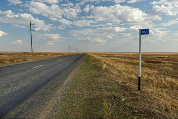 empty road in the steppe and kilometer sign 1001, Kazakhstan, Ayteke Bi District, Highway M32