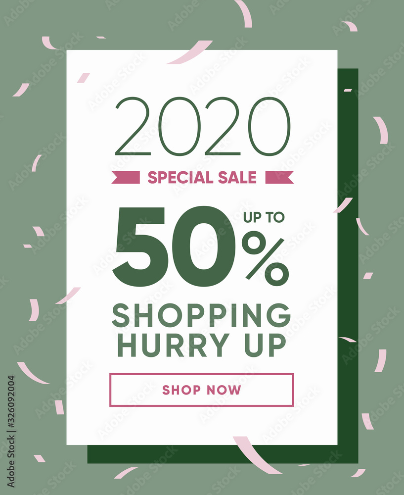 Poster discount coupon 50% 2020 season sale. green and vegan special offer banner design. shopping time ban