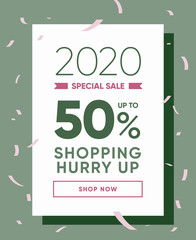 Discount Coupon 50% 2020 Season Sale. Green and Vegan Special Offer Banner Design. Shopping Time Banner Design 50% Special Offer Promo Ad. Newsletter Template Vector Illustration.