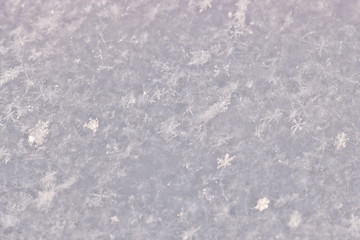 The texture of freshly fallen snow. Christmas template for design. Clearly visible individual snowflakes. Winter background.