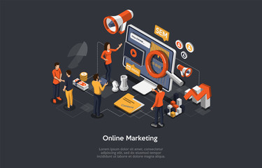 Naklejka premium Online Marketing Concept. Internet Strategies And Development, Social Media, Business Goal. Marketers Analyze Data And Develop Startup And Product Promotion Strategies. Isometric Vector Illustration