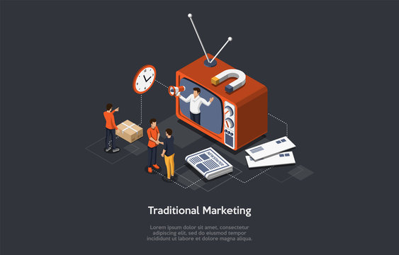 Traditional Marketing. Internet Strategies And Development, Social Media, Business Goal. Marketers Analyze Data, Develop Traditional Product Promotion Strategies. Isometric Vector Illustration
