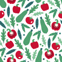 Seamless pattern with vegetables - pepper, green peas, arugula, squash, tomato
