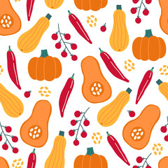 Seamless pattern with pumpkin, paprika, cherry tomatoes, squash