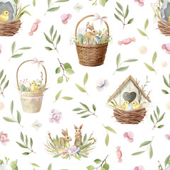 Cotton fabric Watercolor Easter seamless pattern with birdhouse and baby chickens