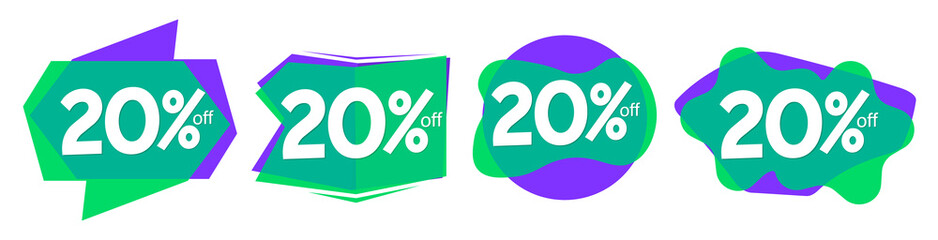 Set Sale 20% off bubble banners, discount tags design template, vector illustration