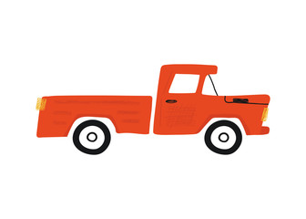 Cute red pickup truck isolated on a white background. Icon in hand drawn style for design of children's rooms, clothing, textiles. Vector illustration