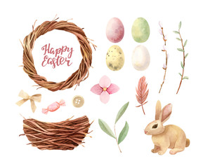 Watercolor Easter illustration set - wooden wreath, bird's nest